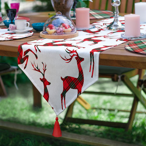 Christmas Runner & Placemat Set|Winter Trend Table Decor|Set of 6 Supla Table Mat|Plaid Xmas Deer Tablecloth American Service Underplate