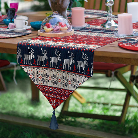 Christmas Runner & Placemat Set|Winter Trend Table Decor|Set of 6 Supla Table Mat|Pixel Art Xmas Deer Tablecloth American Service Underplate