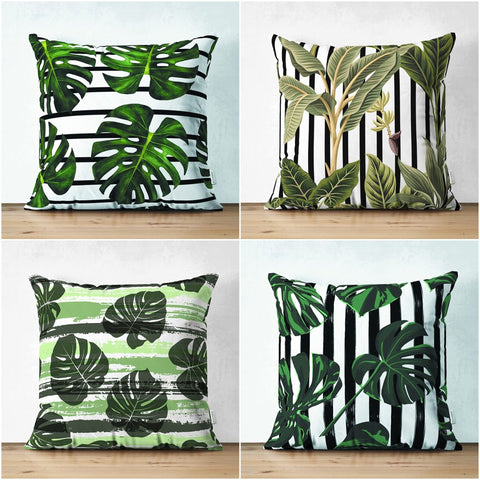 Tropical Plants Pillow Cover|Striped Green Leaves Cushion Case|Floral Cushion Cover|Decorative Pillowtop|Green and Black Summer Trend Decor