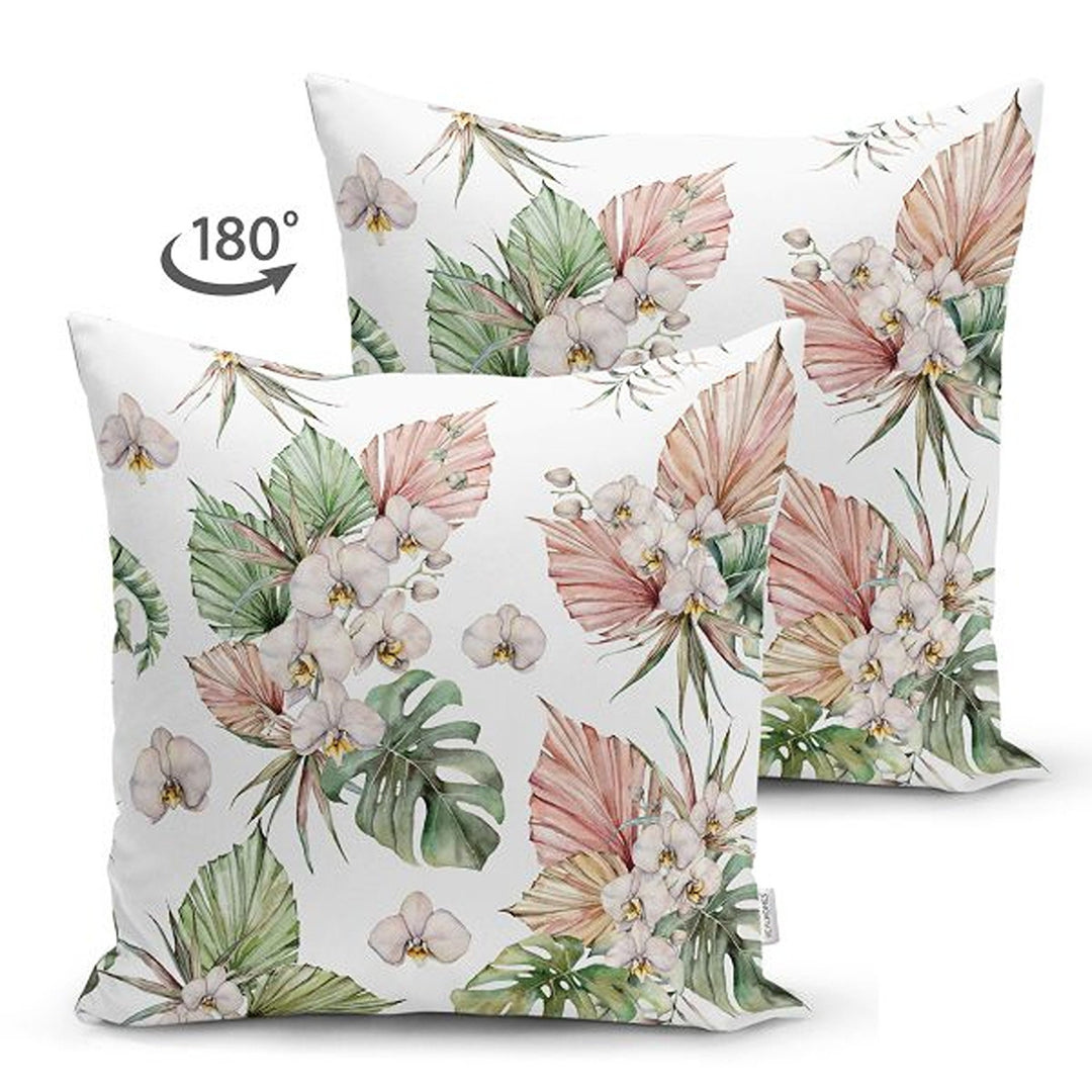 Tropical Plants Pillow Cover|Green Leaves with Pink Flowers Cushion Case|Floral Cushion Cover|Decorative Boho Pillowtop|Tropical Home Decor