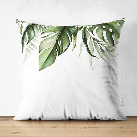 Tropical Plants Pillow Cover|Green Leaves Cushion Case|Floral Cushion Cover|Decorative Pillowtop|Green and White Summer Trend Home Decor
