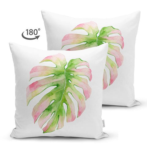Tropical Plants Pillow Cover|Green Pink Leaves Cushion Case|Floral Cushion Cover|Decorative Pillowtop|Green and Pink Summer Trend Home Decor