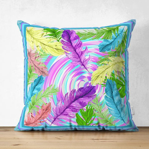 Feather Pillow Cover|Pink Purple Feather Print Cushion Case|Cozy Home Decor|Decorative Vibrant Colors Pillowtop|Housewarming Outdoor Pillow