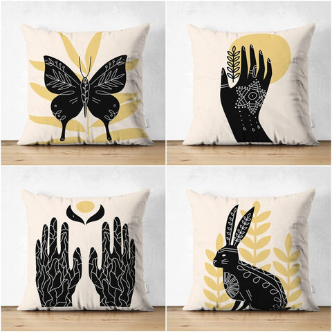 Abstract Pillow Cover|Onedraw Hand and Leaf Cushion Case|Butterfly Pillowtop|Cozy Home Decor|Housewarming Rabbit Print Throw Pillowcase