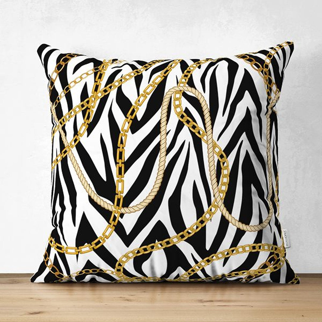 Chain Pillow Cover|Decorative Cushion Case|Boho Black Gold Pillowtop|Cozy Home Decor|Housewarming Geometric Chain Print Throw Pillowcase