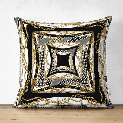 Chain Pillow Cover|Decorative Cushion Case|Boho Black Gold Pillowtop|Cozy Home Decor|Housewarming Geometric Chain Print Throw Pillowcase