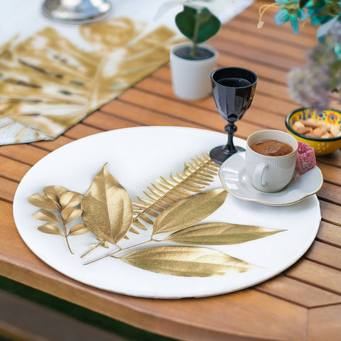 Gold Leaves Runner & Placemat Set|Fall Trend Table Decor|Set of 6 Supla Table Mat|Dry Leaves Autumn Tabletop and American Service Underplate