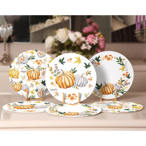 Fall Trend Placemat|Set of 6 Autumn Supla Table Mat|Farmhouse Orange Gray Pumpkin Round Dining Underplate|Housewarming Pumpkin Coaster Set