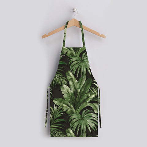 Leaf Print Kitchen Apron|Tropical Leaves Smock with Adjustable Neck and Waist Strap|Green Gold Leaves Kitchen Pinafore Gift For Him or Her