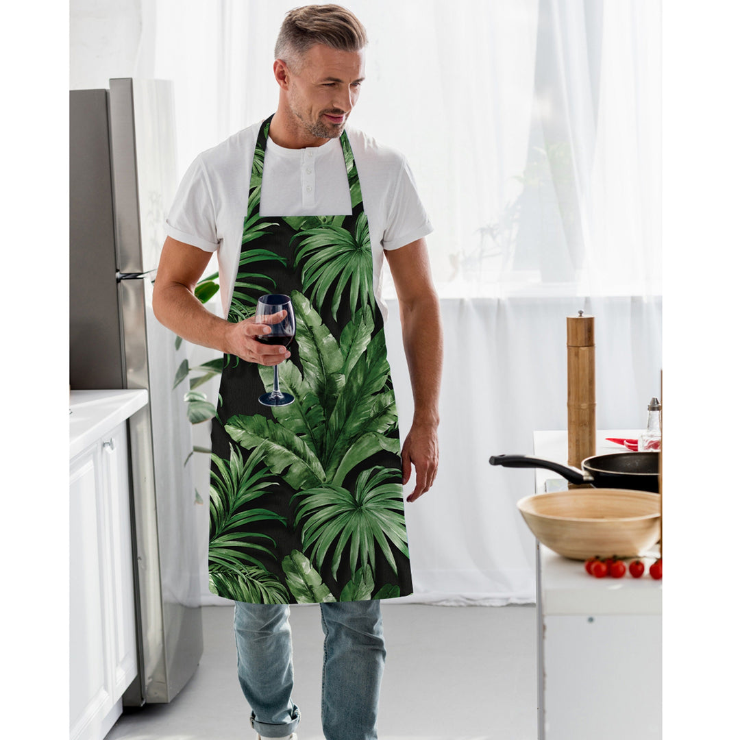 Leaf Print Kitchen Apron|Tropical Leaves Smock with Adjustable Neck and Waist Strap|Green Gold Leaves Kitchen Pinafore Gift For Him or Her