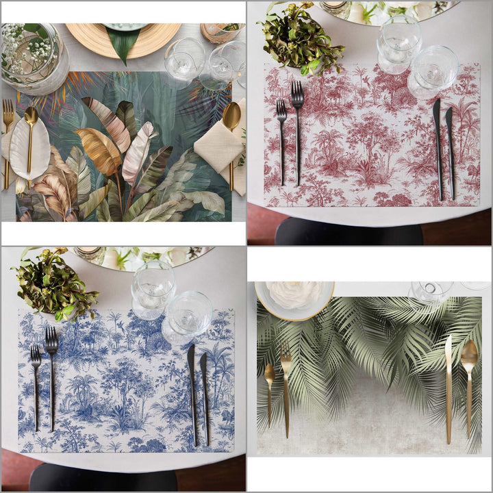Set of 4 Tropical Placemat|Leaf Print Table Mat|Forest Print Dining American Service|Decorative Underplate|Farmhouse Style Rectangle Coaster