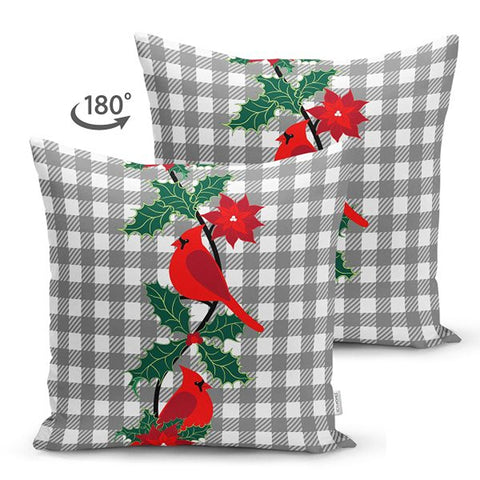 Winter Trend Pillow Covers|Red Cardinal Bird Print Cushion|Red Poinsettia and Green Leaves Throw Pillowcase|Gray White Checkered Xmas Pillow