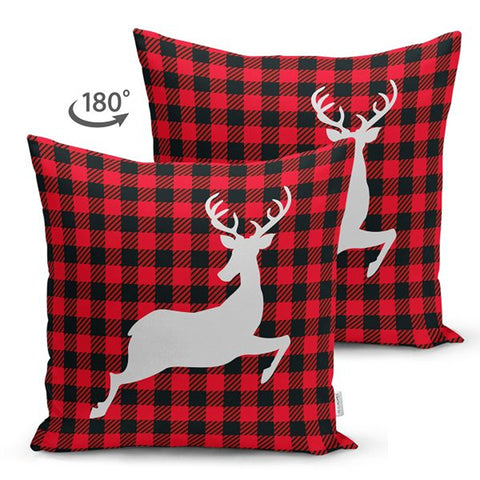 Christmas Pillow Cover|Buffalo Check Xmas Deer Cushion Cover|Pine Cone and Pine Tree Throw Pillowcase|Checkered Xmas Socks Winter Cushion