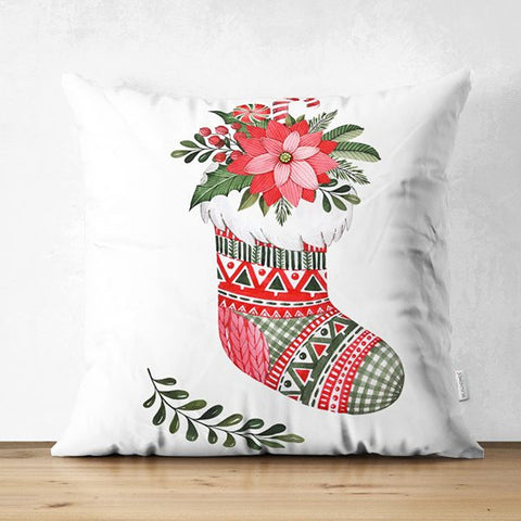 Winter Trend Pillow Covers|Red Ribbon with Berry Print Cushion|Red Poinsettia and Green Leaves Throw Pillowcase|Xmas Bell and Stocking Decor