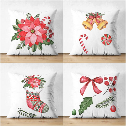 Winter Trend Pillow Covers|Red Ribbon with Berry Print Cushion|Red Poinsettia and Green Leaves Throw Pillowcase|Xmas Bell and Stocking Decor
