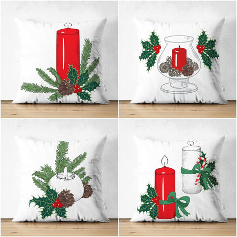 Christmas Pillow Cover|Xmas Candle and Pine Cone Cushion Case|Red White Green Themed Xmas Throw Pillowcase|Winter Trend Housewarming Cushion