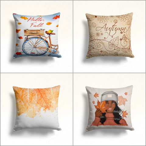 Fall Trend Pillow Cover|Hello Fall Bike Cushion Case|Abstract Autumn Leaf and Daisy Throw Pillow|Brown Girl with Orange Leaves Pillowtop