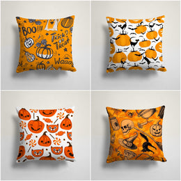 Halloween Pillow Case|Carved Pumpkin and Skull Print Orange Cushion|Black Cat and Bat Cushion Cover|Trick or Treat Boo Throw Pillow Cover