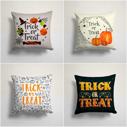 Trick or Treat Pillow Top|Halloween Pillowcase|Carved Pumpkin and Spider Web Print Cushion Cover|Witch Hat and Candy Throw Pillow Cover