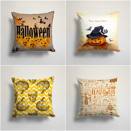 Halloween Pillow Case|Carved Orange Pumpkin and Bat Print Cushion|Skull on Zigzag Cushion Cover|Pumpkin with Witch Hat Outdoor Pillowtop