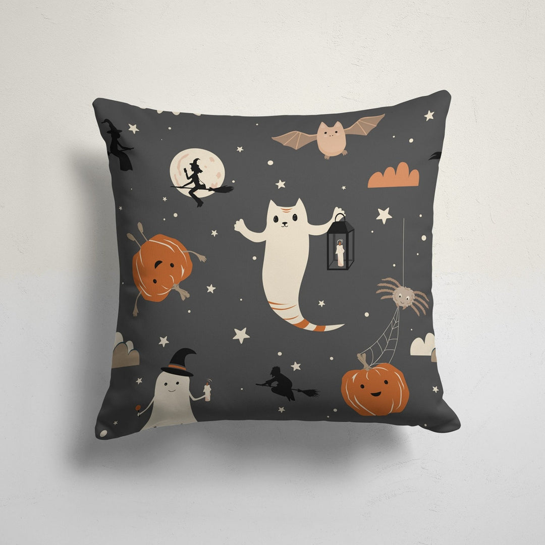 Halloween Pillow Case|Carved Orange Pumpkin with Leaves and Bat Cushion Cover|Ghost Cat Cushion Case|Halloween Candy Print Outdoor Pillowtop