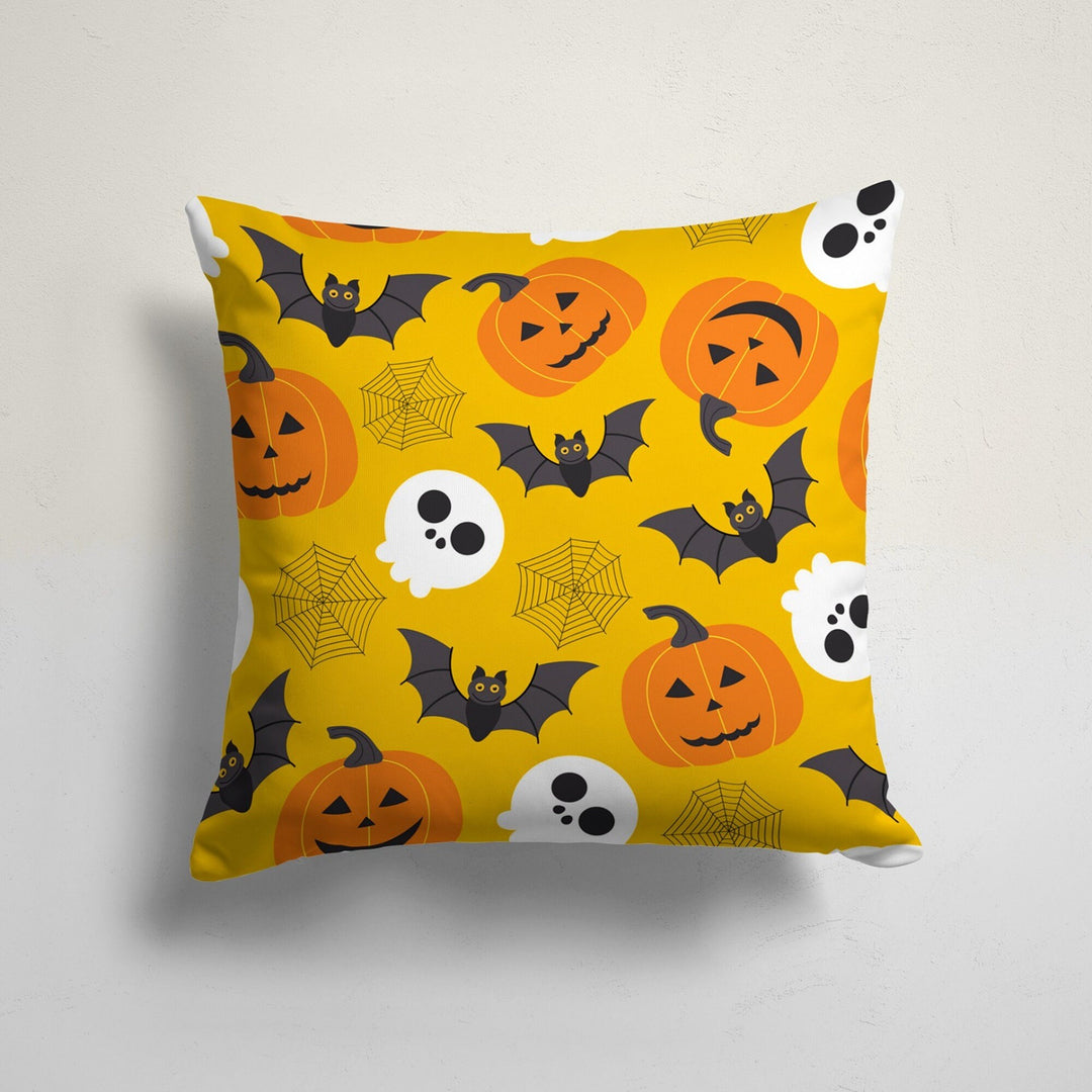 Halloween Pillow Case|Carved Orange Pumpkin with Leaves and Bat Cushion Cover|Ghost Cat Cushion Case|Halloween Candy Print Outdoor Pillowtop
