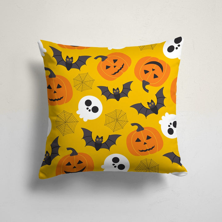 Halloween Pillow Case|Carved Orange Pumpkin with Leaves and Bat Cushion Cover|Ghost Cat Cushion Case|Halloween Candy Print Outdoor Pillowtop