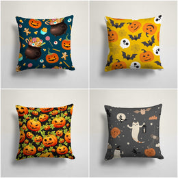 Halloween Pillow Case|Carved Orange Pumpkin with Leaves and Bat Cushion Cover|Ghost Cat Cushion Case|Halloween Candy Print Outdoor Pillowtop