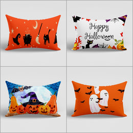 Halloween Cushion Case|White Ghost and Black Cat Lumbar Pillowcase|Happy Halloween Party Decor|Pumpkin and Witch Hat Rectangle Pillow Cover