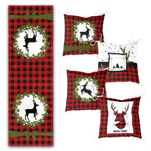 Set of 4 Puffy Chair Pads and 1 Table Runner|Checkered Xmas Deer and Leaves Seat Pad Tablecloth|Plaid Merry Xmas Chair Cushion Tabletop Set