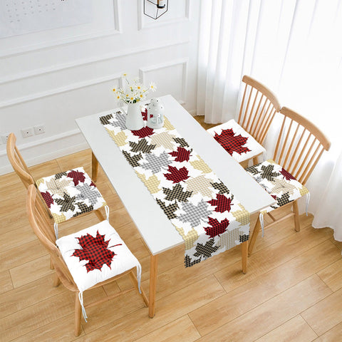 Set of 4 Puffy Chair Pads and 1 Table Runner|Winter Trend Colorful Checkered Leaf Print Seat Pad Tablecloth|Plaid Chair Cushion and Tabletop