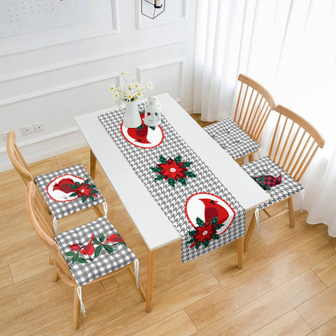 Set of 4 Puffy Chair Pads and 1 Table Runner|Winter Trend Seat Pad and Tablecloth|Plaid Red Cardinal Bird and Poinsettia Xmas Table Decor