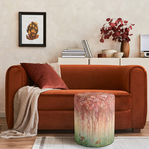 Floral Round Pouf|Wooden Frame Pouf Chair|Decorative Flower Footstool|Suede Circle Seat with Gazelle|Ottoman Chair Stool|Cozy Room Decor