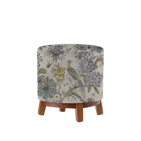 Floral Bird Round Pouf|Pouf Chair with Wooden Frame and Legs|Decorative Footstool|Suede Circle Seat with Bird Print|Ottoman Cozy Chair Stool