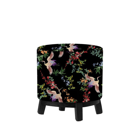 Floral Bird Round Pouf|Pouf Chair with Wooden Frame and Legs|Decorative Footstool|Suede Circle Seat with Bird Print|Ottoman Cozy Chair Stool
