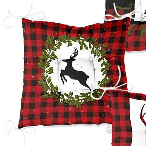 Set of 4 Puffy Chair Pads and 1 Table Runner|Checkered Xmas Deer and Leaves Seat Pad Tablecloth|Plaid Merry Xmas Chair Cushion Tabletop Set