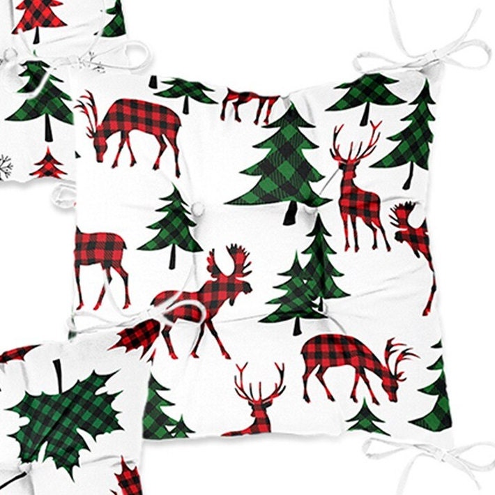 Set of 4 Puffy Chair Pads and 1 Table Runner|Winter Trend Xmas Deer Seat Pad and Tablecloth|Checkered Pine Tree Leaf Chair Cushion Tabletop