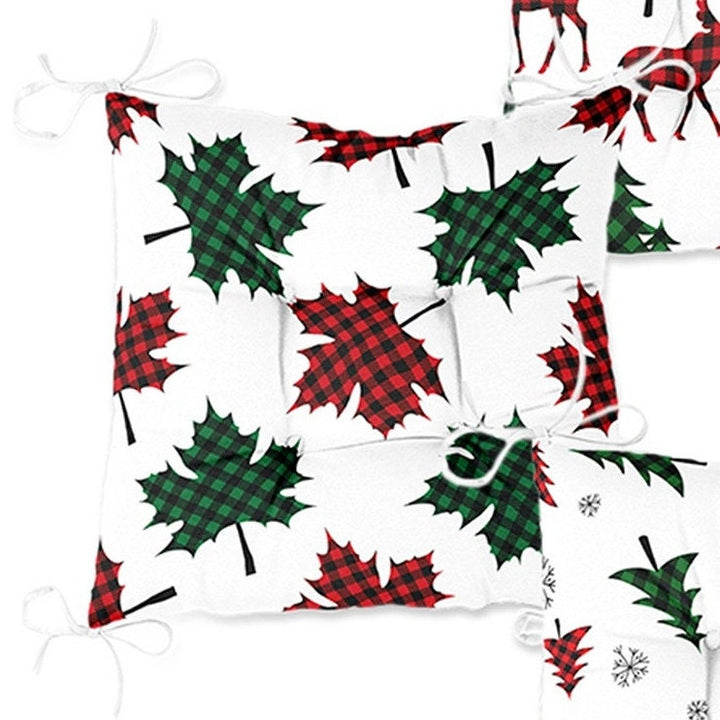 Set of 4 Puffy Chair Pads and 1 Table Runner|Winter Trend Xmas Deer Seat Pad and Tablecloth|Checkered Pine Tree Leaf Chair Cushion Tabletop