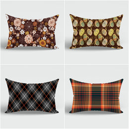 Fall Trend Cushion Case|Autumn Lumbar Pillow Cover|Thanksgiving Pillow Case|Pumpkin and Flower Pillowcase|Rectangle Plaid Fall Pillowtop