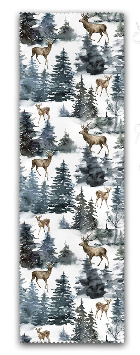 Set of 4 Puffy Chair Pads and 1 Table Runner|Winter Trend Snow, Pine Tree Deer Seat Pad and Tablecloth|Xmas Chair Cushion and Tabletop Set