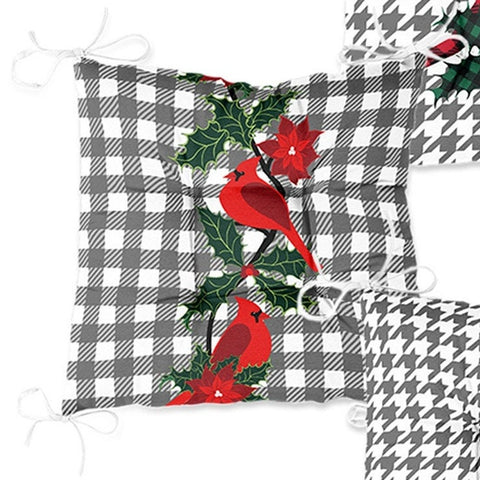 Set of 4 Puffy Chair Pads and 1 Table Runner|Winter Trend Seat Pad and Tablecloth|Plaid Red Cardinal Bird and Poinsettia Xmas Table Decor