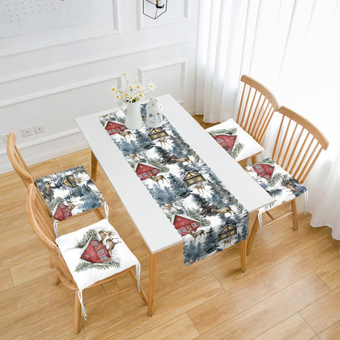 Set of 4 Puffy Chair Pads and 1 Table Runner|Winter Trend Snow House Pine Tree Deer Seat Pad and Tablecloth|Xmas Chair Cushion Tabletop Set