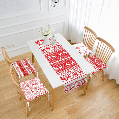 Set of 4 Puffy Chair Pads and 1 Table Runner|Xmas Deer, Tree, Snowflake Seat Pad and Tablecloth|Merry Xmas Chair Cushion Tabletop Set