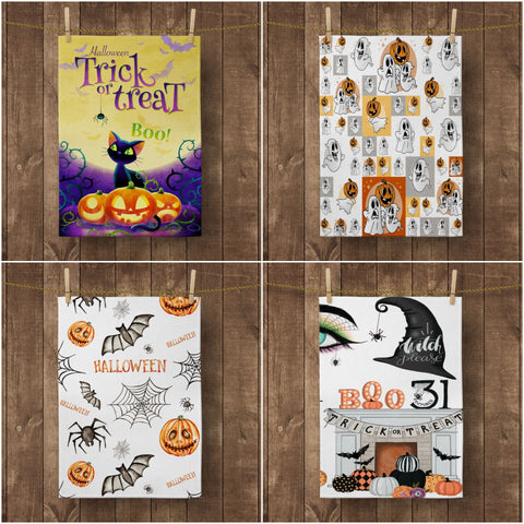 Halloween Kitchen Towel|Black Cat Dish Towel|Trick or Treat Print Hand Towel|Decorative Tea Towel|Autumn Trend Ghost and Spider Hand Towel