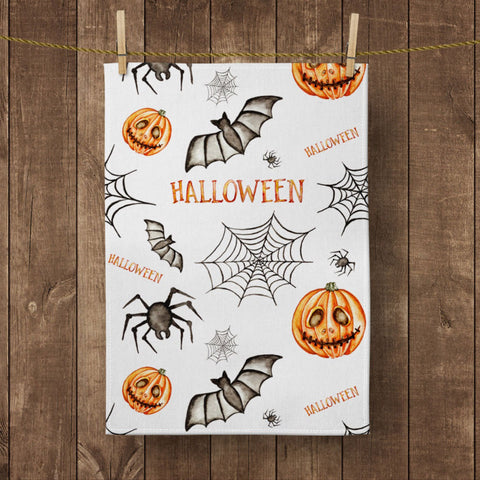 Halloween Kitchen Towel|Black Cat Dish Towel|Trick or Treat Print Hand Towel|Decorative Tea Towel|Autumn Trend Ghost and Spider Hand Towel