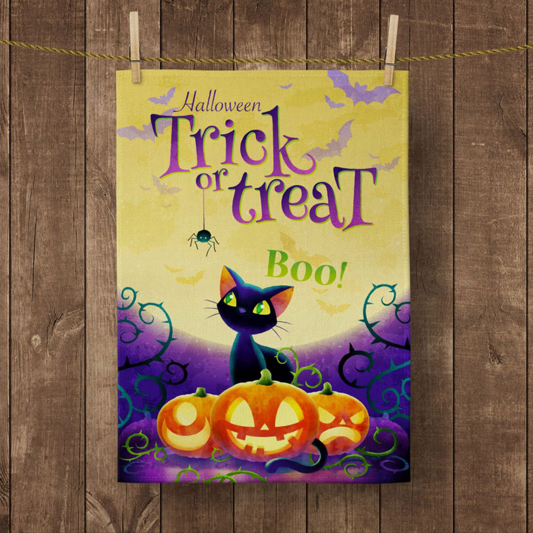 Halloween Kitchen Towel|Black Cat Dish Towel|Trick or Treat Print Hand Towel|Decorative Tea Towel|Autumn Trend Ghost and Spider Hand Towel