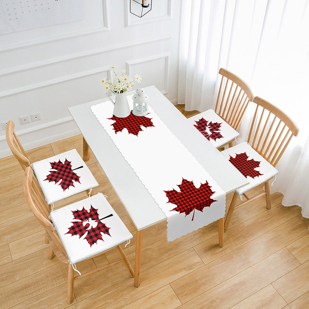 Set of 4 Xmas Chair Pads and 1 Table Runner|Winter Trend Checkered Xmas Leaves Seat Pad Tablecloth|Plaid Xmas Deer Chair Cushion Tabletop