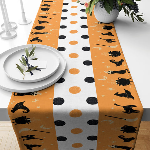 Halloween Table Runner|Polkadot Orange Black Halloween Print Tablecloth|Black Cat and Witch Hat Table Decor|Geometric Fall Trend Home Decor