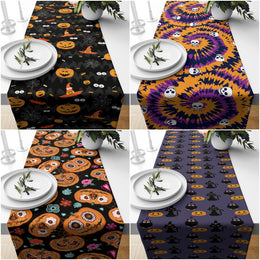 Halloween Table Runner|Pumpkin and Skull Tablecloth|Black Cat and Witch Hat Home Decor|Floral Carved Pumpkin Tabletop|Halloween Party Decor