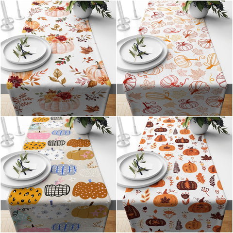 Fall Trend Table Runner|Floral Pumpkin Tablecloth|Pumpkin and Leaf Drawing Table Decor|Farmhouse Style Tabletop|Housewarming Fall Home Decor